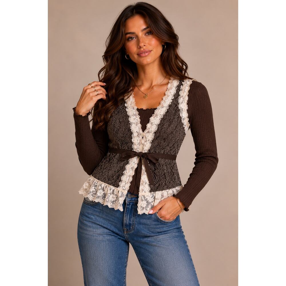 Lily Boho Shabby Chic Tunic Top L Brown Lace Rosette Trim Long Sleeve Layered